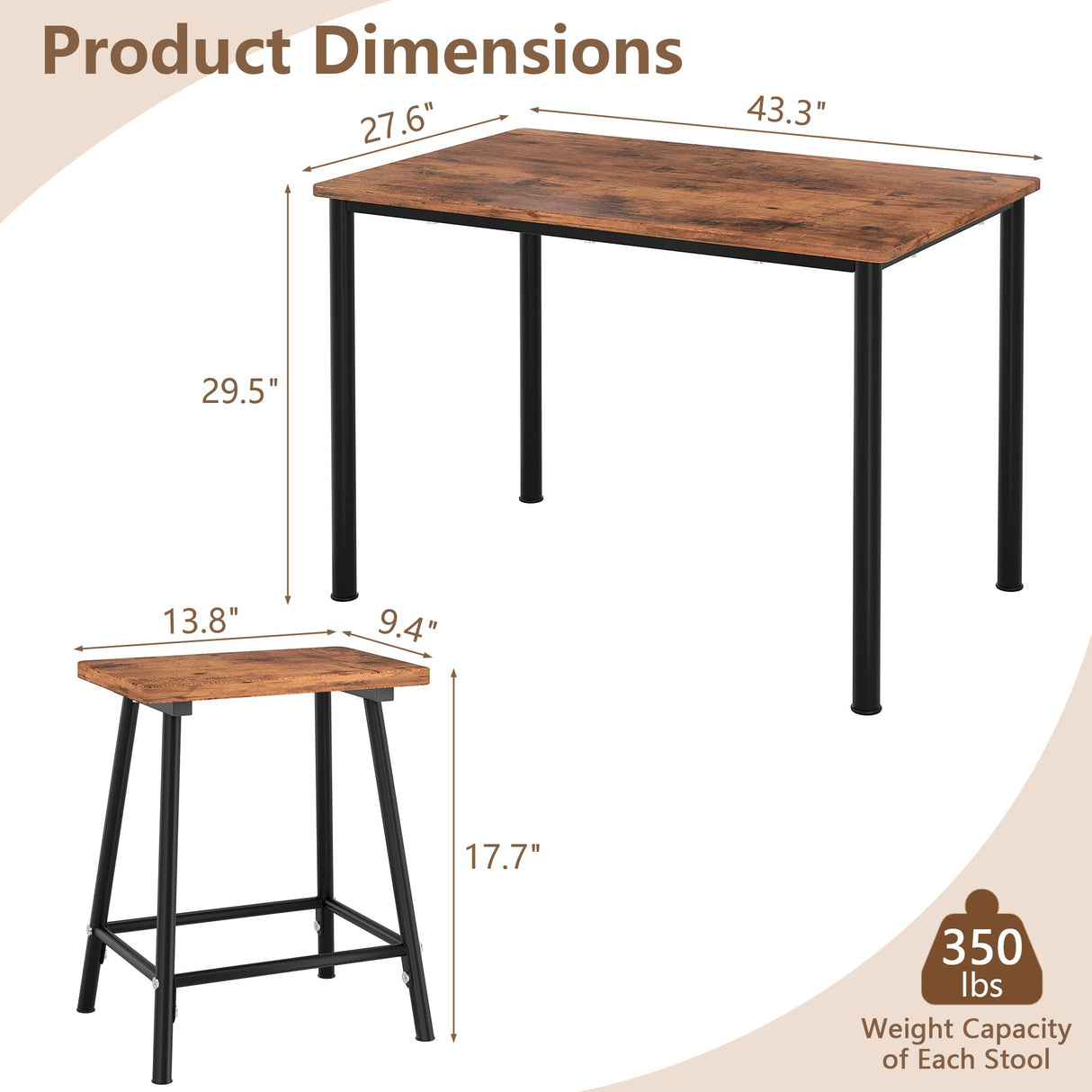 VECELO Kitchen Table and Chairs for 4, Dining Room Set with Chairs/Stools, Heavy-Duty Metal Frame with Wooden Tabletop for Small Spaces, Easy Assembly, Antique Brown VECELO