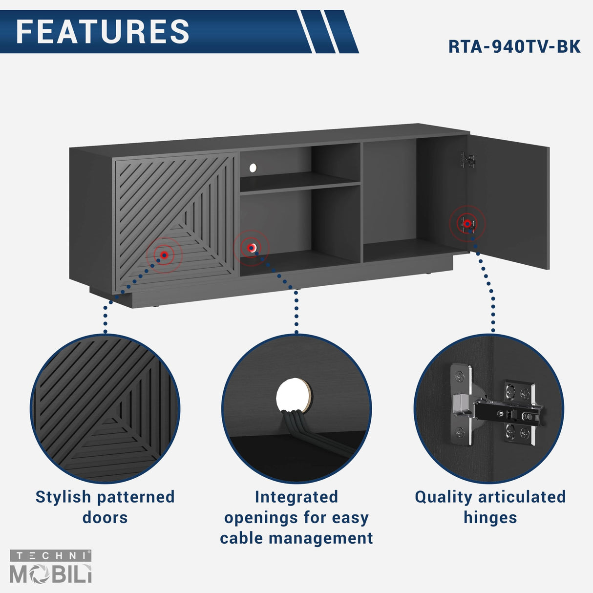 Techni Mobili Modern TV Stand for Screen TVs Up to 70” When Measured Diagonally – Black TV Stand with 2 Storage Cabinets with Patterned Doors and Open Shelves – Black Techni Mobili