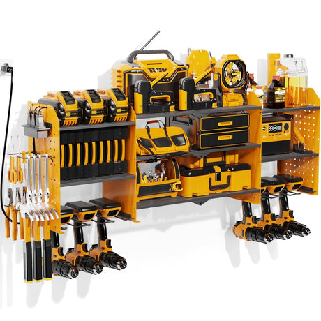 Power Tool Organizer Wall Mount with Charging Station, 45.5" Garage Organization Wall Mounted, 3 Layers Electric Cordless Drill Holder with Outlet Power Strips, Garage Tool Storage for Impact Wrenches Xankzi