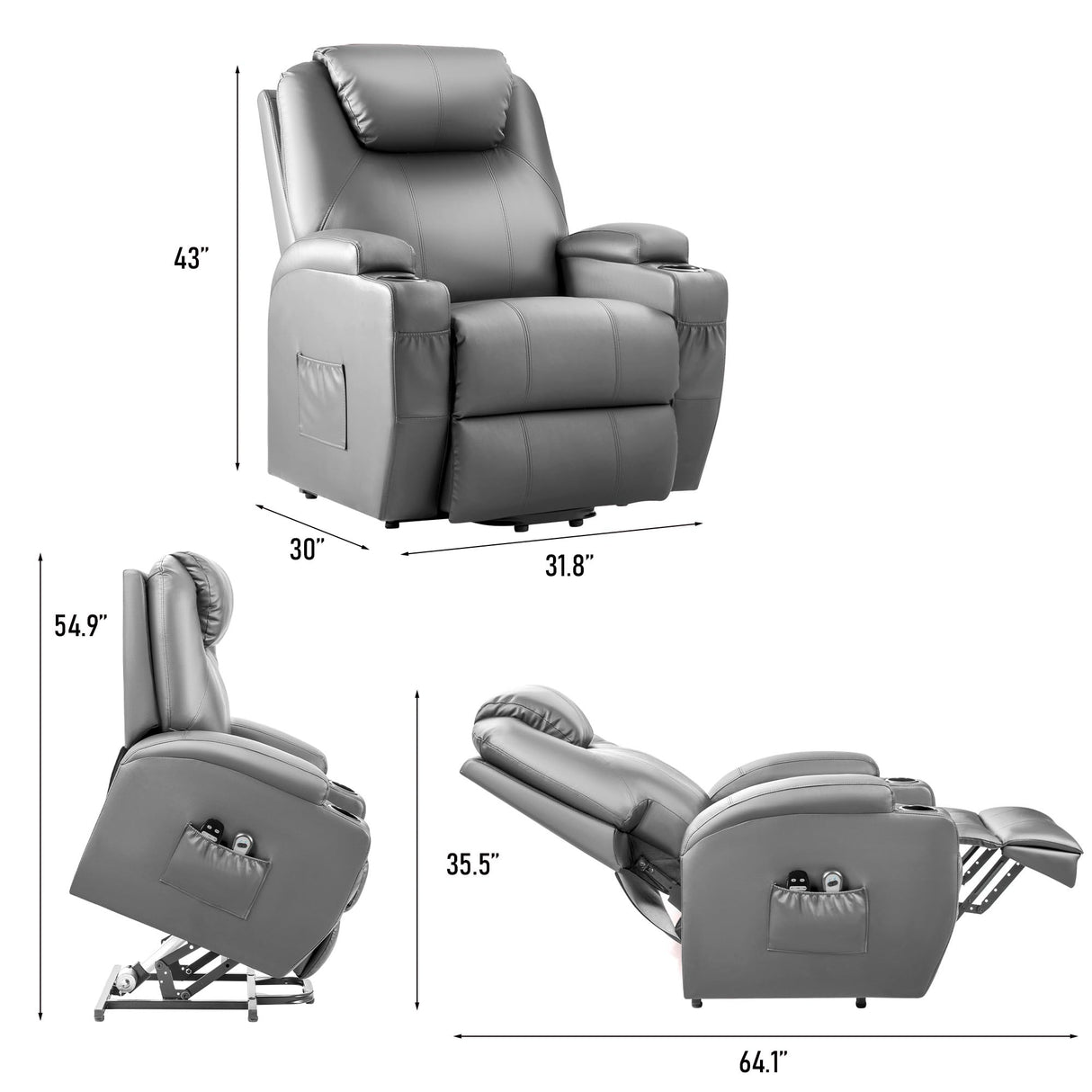 JUMMICO Power Lift Recliner Chair with Massage for Elderly PU Leather Modern Reclining Sofa Chair with Cup Holders, Remote Control, Adjustable Furniture (Gray) JUMMICO