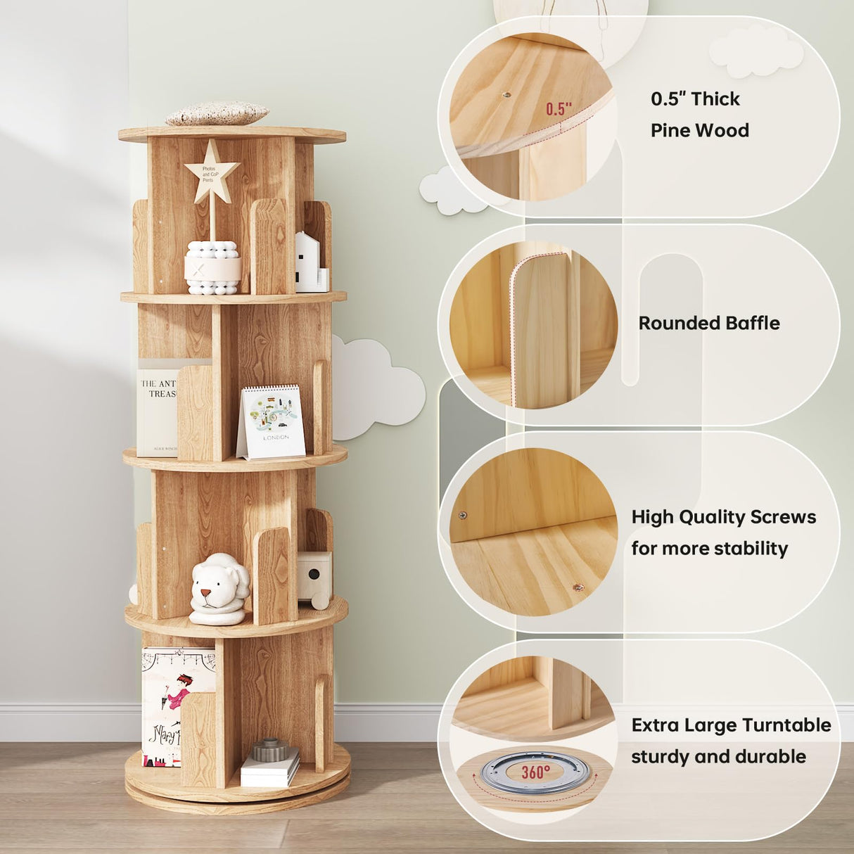 MXV Rotating Bookshelf, 360° Display 4-Tier Floor Standing Rotating Bookcase, Storage Rack for Kids&Adult, Multi-Functional Bookshelf Organizer for Bedroom, Study Room and Living Room MXV