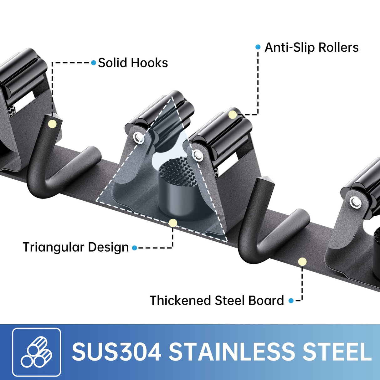 ZONGOOL 2 Pack Broom Holder Wall Mount, 4 Racks and 5 Hooks Mop Hanger Wall Mount Broom Organizer Stainless Steel Heavy Duty Garage Tool Racks for Home Kitchen Garden Laundry (Black) ZONGOOL