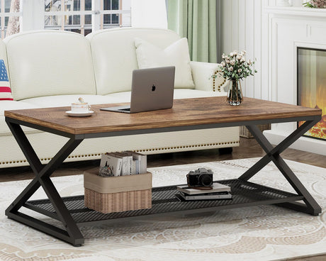 LVB Rustic Coffee Table with Storage, Industrial Wood Metal 2 Tier Center Living Room Table with Mesh Shelf, Farmhouse Wooden Low Rectangle Cocktail Tea Table for Office Bedroom, 47 inch, Rustic Brown LVB