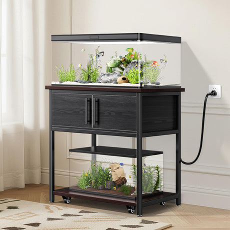 20-29 Gallon Fish Tank Stand with Power Outlet and Storage Cabinet,Aquarium Stand with Slide-Out Fish Tank Shelf,Heavy Duty Metal Frame and Waterproof Wood,31.5" L x 15.7" W 770LBS Capacity POKIPO