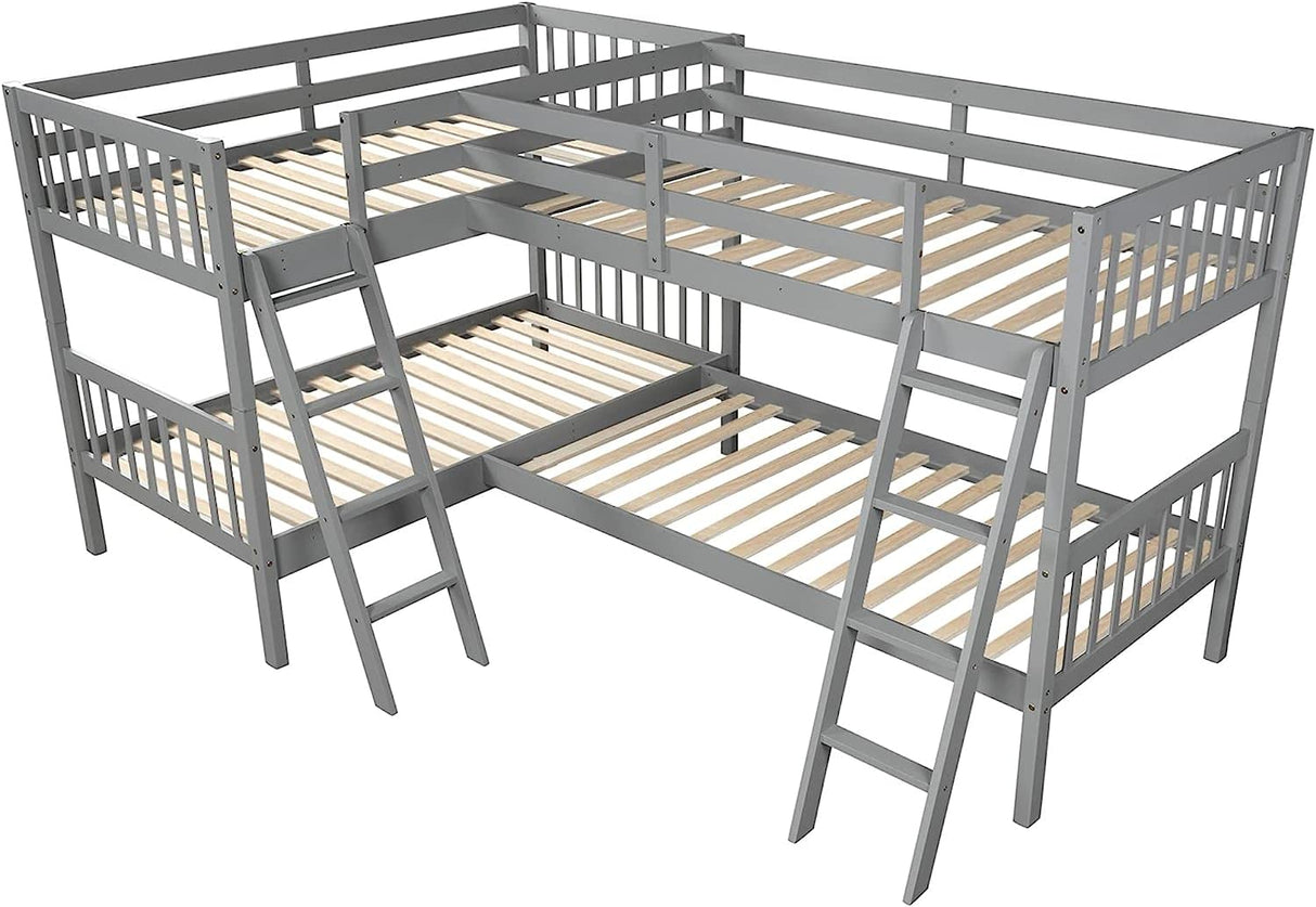 MERITLINE L-Shaped Quad Bunk Bed, Four Bunk Bed Twin Over Twin with Angle Ladder,Wooden Corner 4 Bed Bunk Bed for Kids, Teens, Adults, No Box Spring Needed (Twin, Grey) MERITLINE
