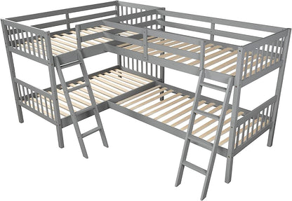 MERITLINE L-Shaped Quad Bunk Bed, Four Bunk Bed Twin Over Twin with Angle Ladder,Wooden Corner 4 Bed Bunk Bed for Kids, Teens, Adults, No Box Spring Needed (Twin, Grey)