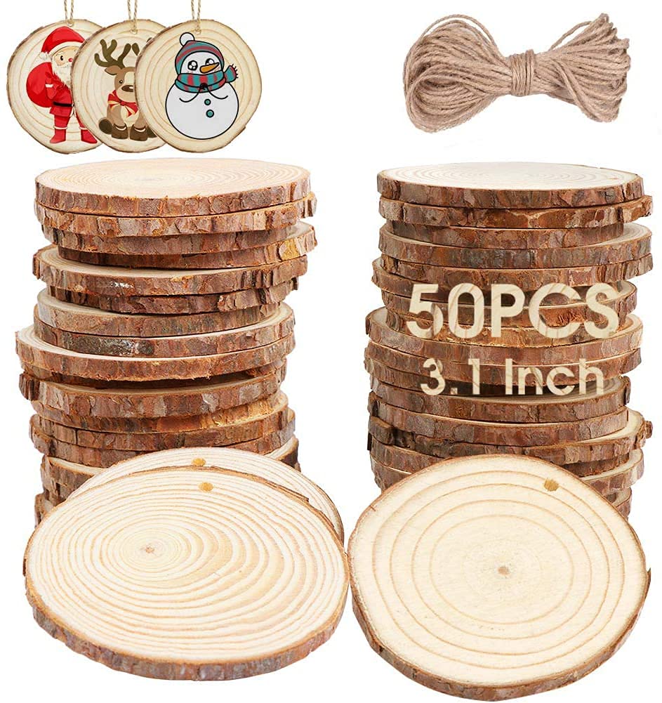 AerWo Natural Wood Slices Christmas Ornaments, 50 Pcs 2.7-3.1 Inches Small Wood Slices with Holes, Round Plain Wooden Circle Ornaments Blanks for DIY Crafts Unfinished Xmas Wooden Ornaments