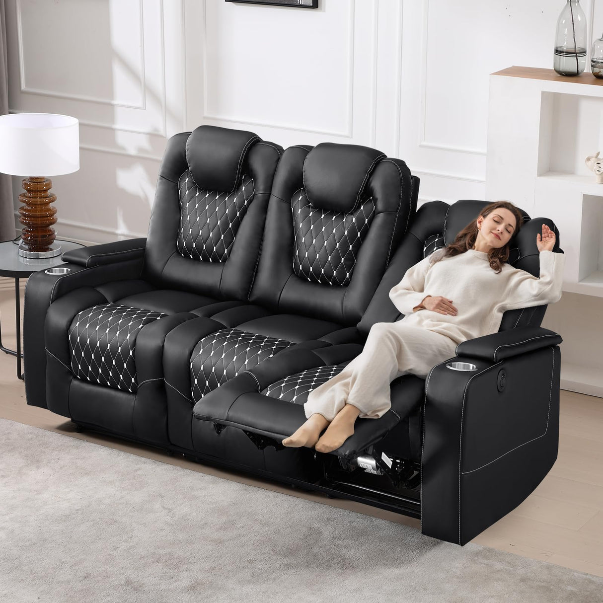 ANJ Recliner Sofa,Power Reclining Couch with USB Ports and Cup Holders - Overstuffed Electric Living Room Seating PU Leather Recliner Sofa Set with Hidden Arm Storage, Easy to Clean (Black) ANJ
