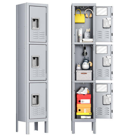 INTERGREAT Lockers for Employees, School, Office, Gym, 3 Door Metal Storage Locker Cabinet, Tall Steel Work Locker for Students, Triple Tier Grey INTERGREAT