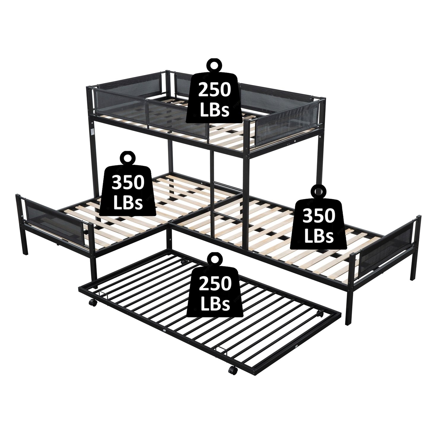 PVWIIK L-Shape Metal Triple Bunk Bed with Trundle for 4 Kids Adults,Sturdy Metal Frame w/Safety Textilene Guardrals for Kids Teens Adults,Noise Free No Box Spring Needed,Black