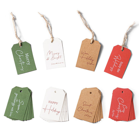 C2U Christmas Gift Tags – 48 Pack Holiday Present Tags with Jute Twine – 8 Festive Designs Blank on Back – Paper Christmas Name Tags for Wrapping, DIY, Xmas Decorations & Gift Labeling C2U