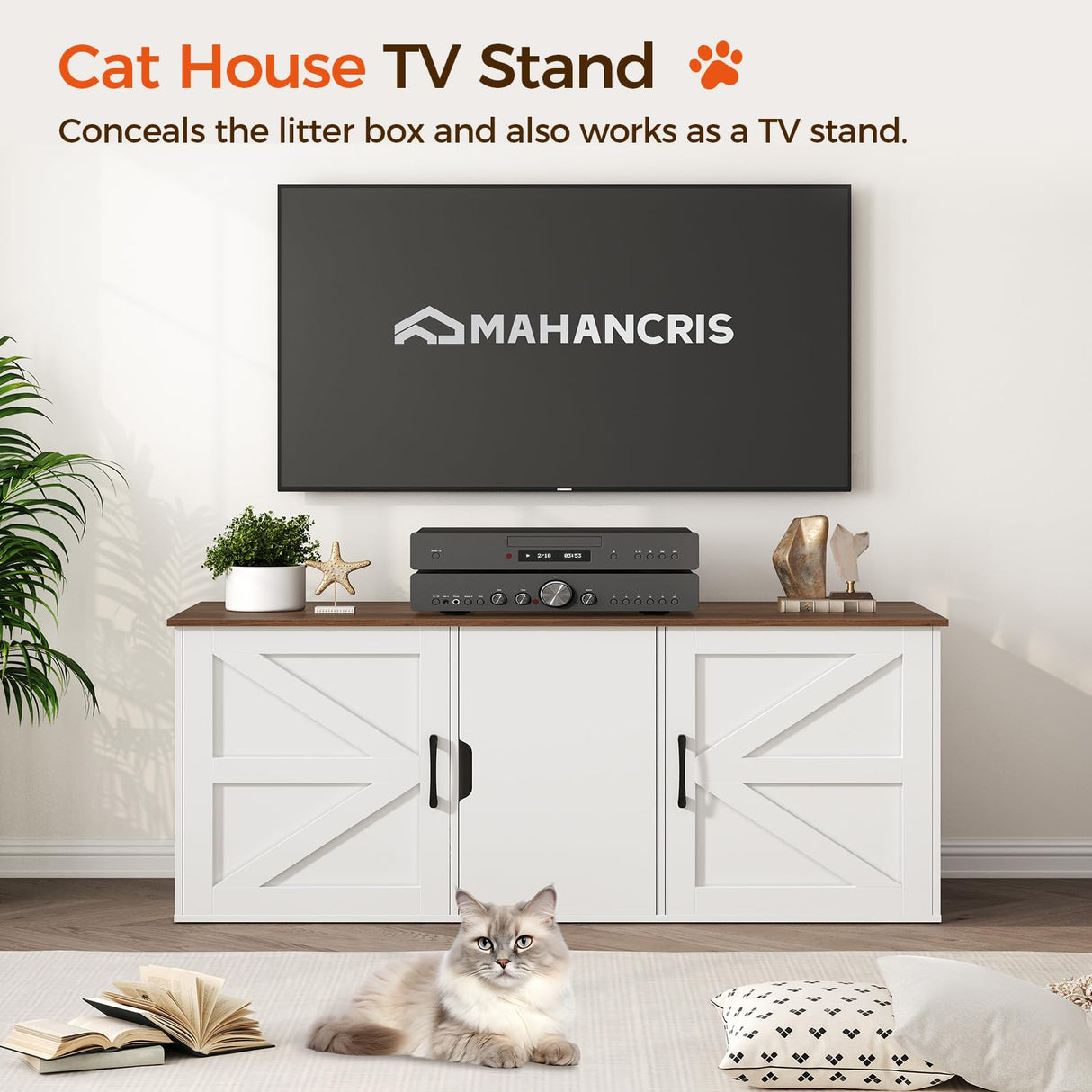 MAHANCRIS Cat Litter Box Enclosure for 2 Cats, 47.2" Hidden Cat Litter Box Furniture with Double Rooms, Wooden Litter Box Furniture, Indoor Cats House, Cat Washroom Furniture, White CWZW2201 MAHANCRIS
