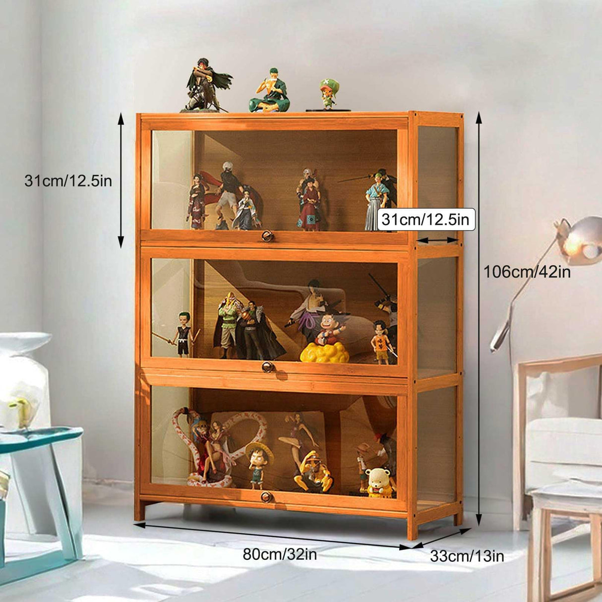 3-Tier Curio Display Cabinet, Storage Shelves with Acrylic Flip Door, Collectibles Toy Organizers Rack & Display Shelf, Bookshelf and Bookcase for Playroom, Bedroom, Office,Wooden,106×80cm/42×32in Generic