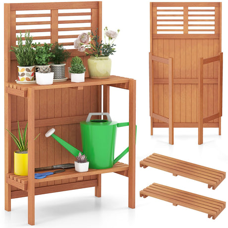Toolsempire Garden Potting Bench Table, Folding Potting Bench Outdoor Workstation with Trellis & 2-Tier Shelves, Wood Potting Table for Outdoor, Deck, Balcony, Garden, Backyard Toolsempire