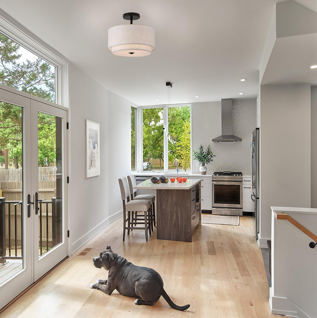 Vexagyle 12.6inch Flush Mount Ceiling Light Fixture,3-Light Modern Close to Ceiling Light with 2-Layer Linen Fabric Shade,Farmhouse Drum Ceiling Mount Lamp for Bedroom Hallway Living Room Vexagyle