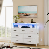 NASHZEN Dresser TV Stand with 7 Drawers, Dresser TV Stand with LED Lights & Power Outlets, Bedroom Dresser, Chest of Drawers up to 45'' Long TV, Wide Fabric Dresser with Open Shelf (White) NASHZEN