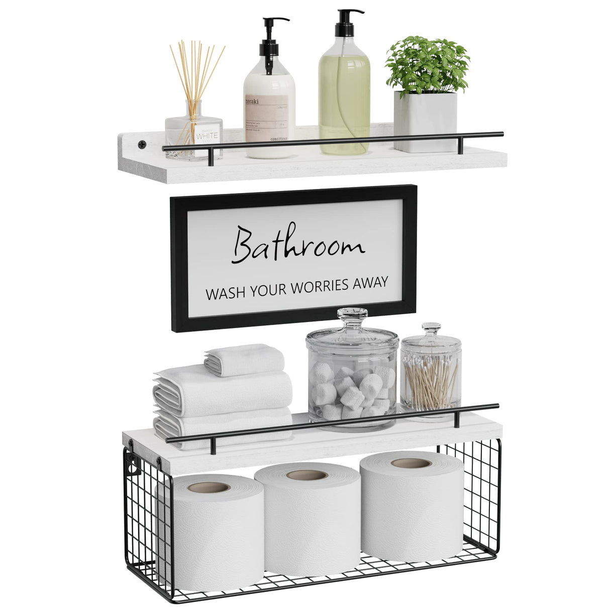 WOPITUES Floating Shelves for Bathroom Wall Decor Sign, Bathroom Organizer and Storage, Bathroom Shelves Over Toilet with Metal Guardrail-Modern White WOPITUES