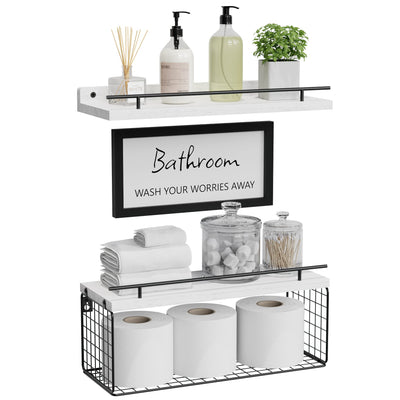 WOPITUES Floating Shelves for Bathroom Wall Decor Sign, Bathroom Organizer and Storage, Bathroom Shelves Over Toilet with Metal Guardrail-Modern White