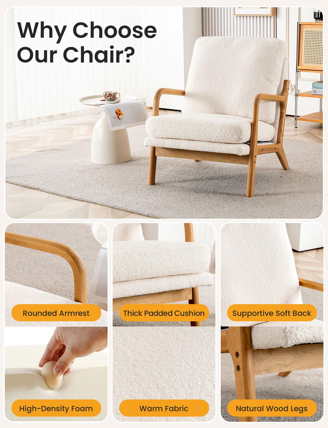 Mid Century Modern Accent Chairs for Living Room, 23” Wide Comfy Chair for Bedroom, Small Cozy Sherpa Reading Chairs for Adults, 108° Lounge Arm Chair Indoor with Detachable Cover, 5.5" Foam Cushion Miscoos