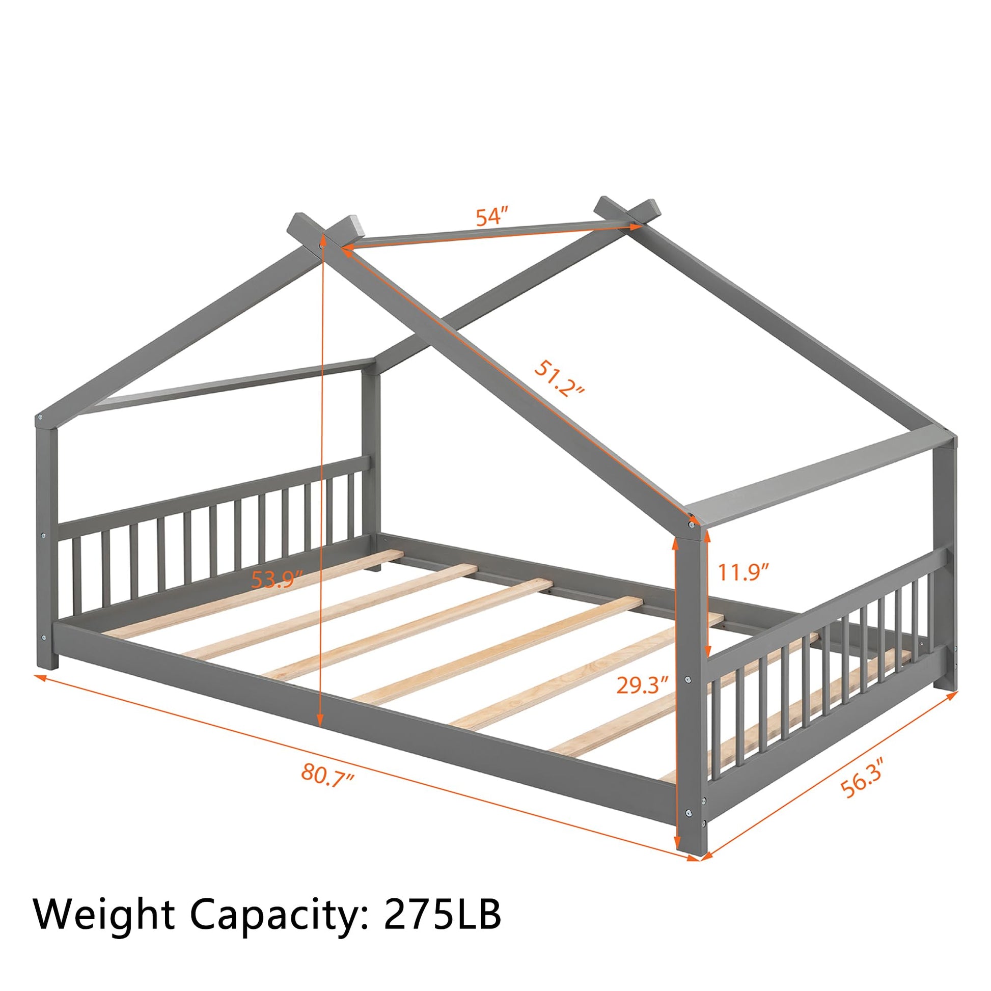 Bellemave Full-Size Montessori Floor Bed Frame with Playhouse Design in Grey - WoodArtSupply