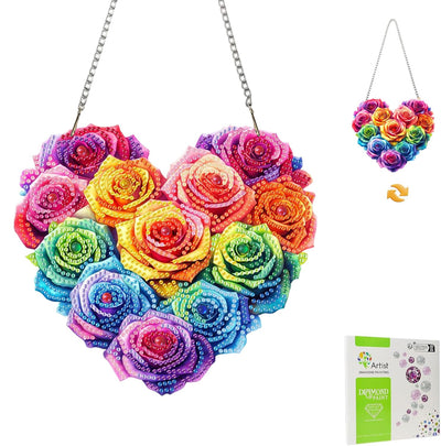 Masendp Multicolored Roses Hanging Diamond Art Kits for Adults, Special Shaped Heart-Shaped Diamond Painting Pendant Ornaments Kit DIY Crystal Rhinestone Gem for Home Decoration and Gifts