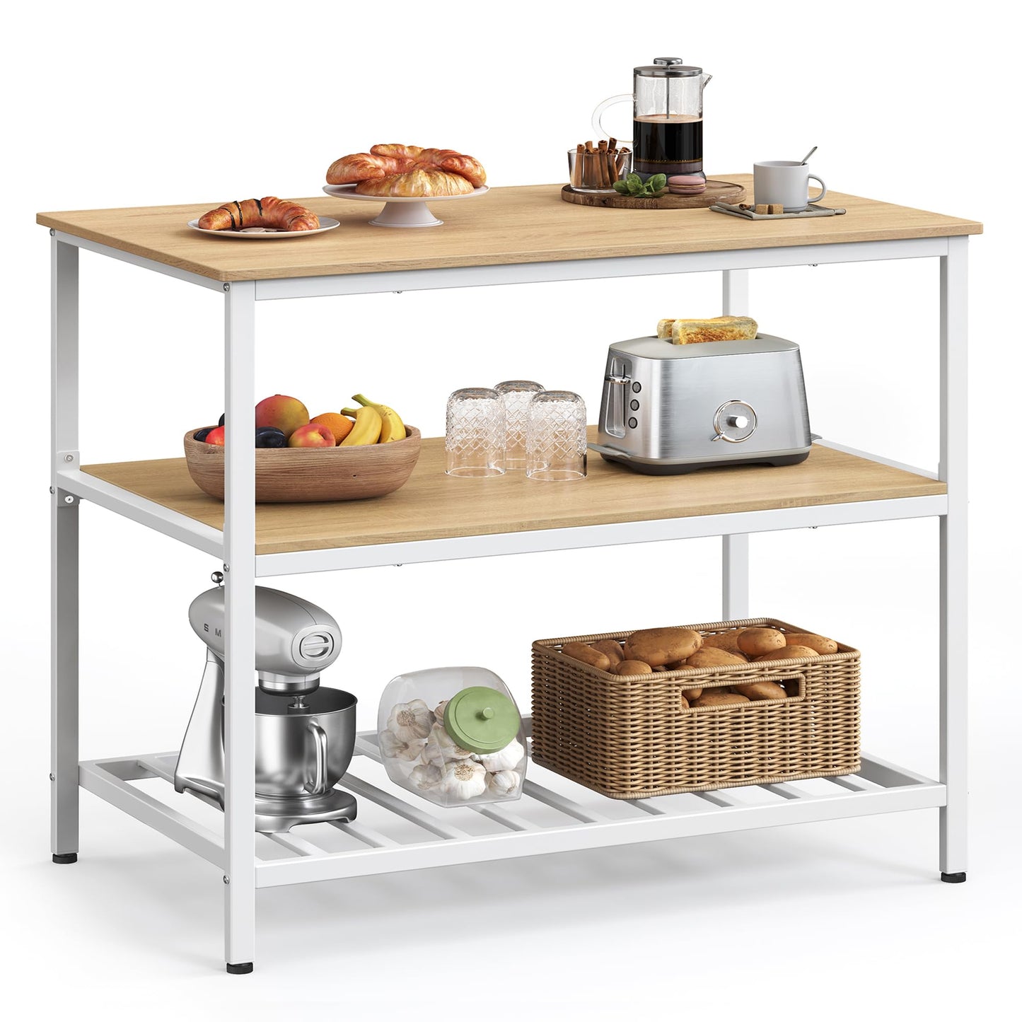 VASAGLE 39.4-Inch Kitchen Island with 3 Shelves, Large Worktop, and Stable Steel Structure in Oak and White