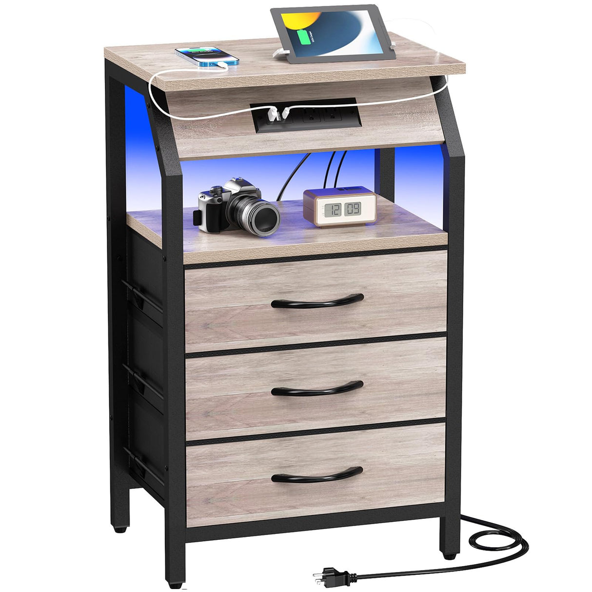 SZLHANJZ End Table with 3 Drawers, Night Stand with Charger Station and LED Lights, Small Nightstand with Fabric Storage, Farmhouse Side Table for Bedside, Living Room, Dorm, Greige SZLHANJZ