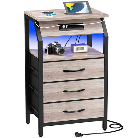 SZLHANJZ End Table with 3 Drawers, Night Stand with Charger Station and LED Lights, Small Nightstand with Fabric Storage, Farmhouse Side Table for Bedside, Living Room, Dorm, Greige SZLHANJZ