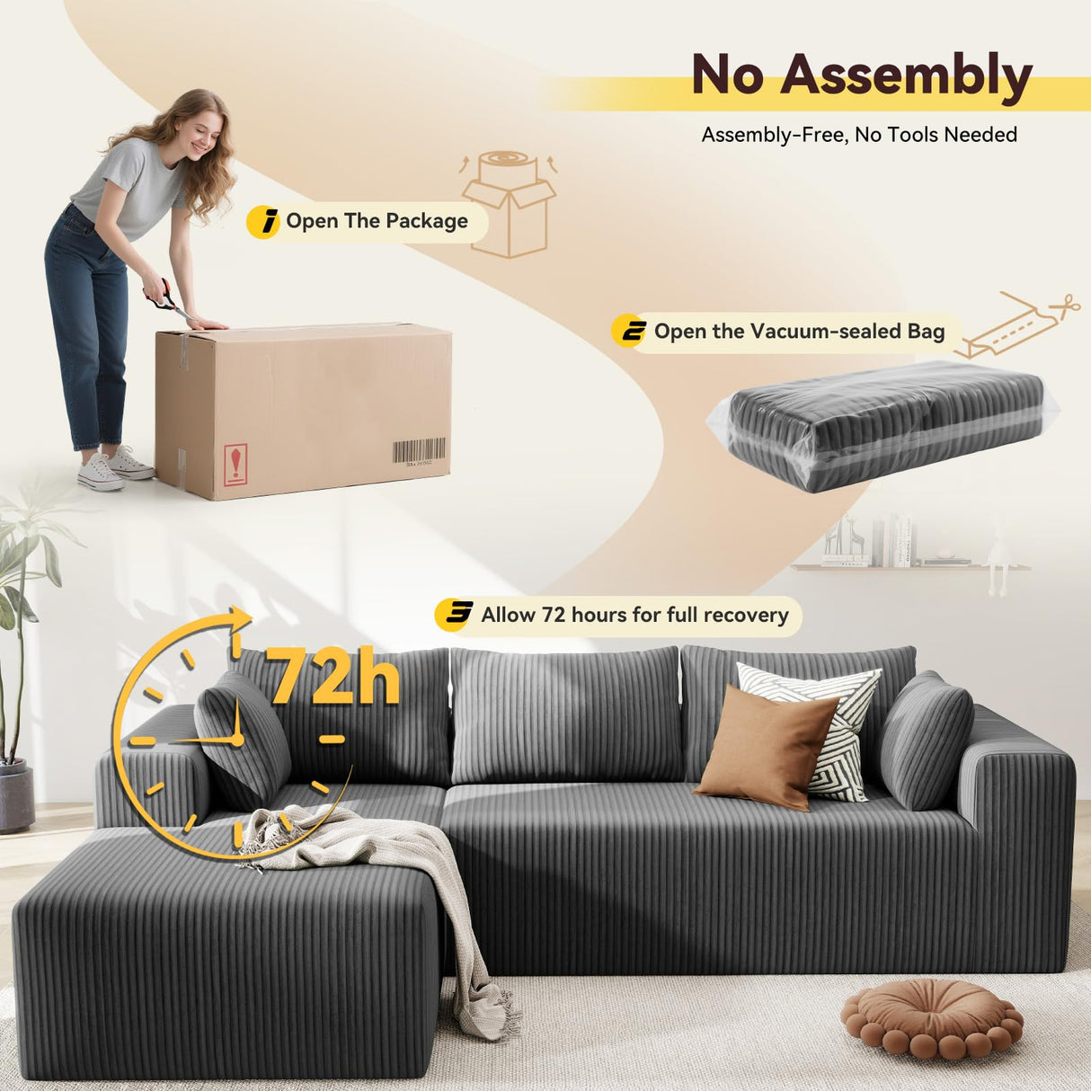 Mvpipi L-Shaped Boneless Couches for Living Room, Cloud Couch with Oversized Chaise, Modular Sectional Sofa w/Deep Seat, Corduroy Comfy Sofa, Couches for Bedroom & Apartment, No Assembly, Grey Mvpipi