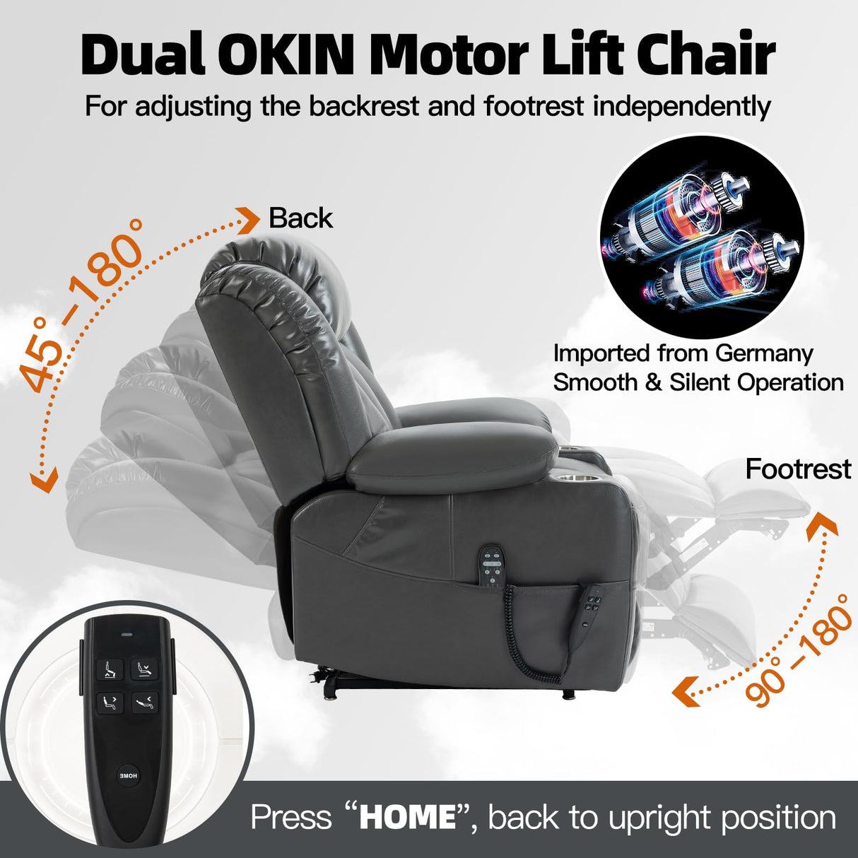 EZZUP Lay Flat Lift Recliner Chair with Massage & Heat for Elderly People, Electric Power Lift Chair w/Dual Motor, 2 Stainless Steel Cup Holders and 2 Remote Controls, Breathable Faux Leather Grey EZZUP