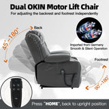 EZZUP Lay Flat Lift Recliner Chair with Massage & Heat for Elderly People, Electric Power Lift Chair w/Dual Motor, 2 Stainless Steel Cup Holders and 2 Remote Controls, Breathable Faux Leather Grey EZZUP