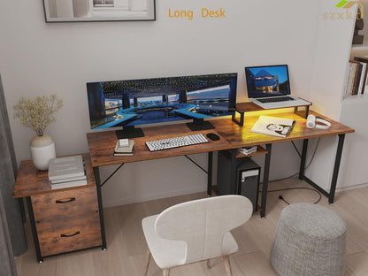 SZXKT L Shaped Desk with Drawers, Gaming Desk, Corner Computer Desk with Storage and Power Outlet,Reversible U Shaped Work Pc Desk for Home Office with Monitor Stand 2 Person Long Desk 67 Inc - WoodArtSupply