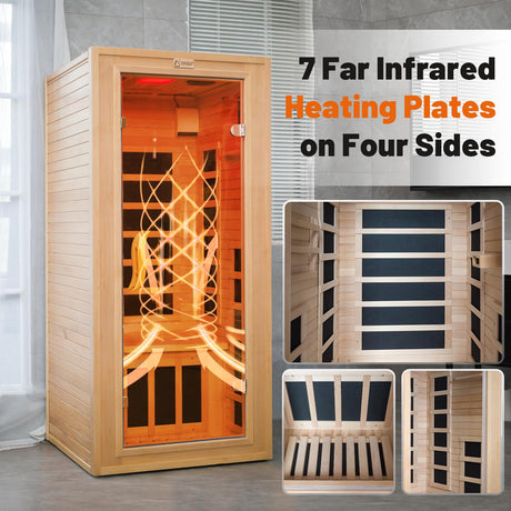 Efficraft Infrared Sauna Indoor, 1 Person Hemlock Wooden Home Sauna, Dry Sauna for Home Spa Room 1350W, Time Temp Pre-Set Sauna Room, w/7 Heating Panels Mini Personal Far Infrared Saunas for Home Efficraft