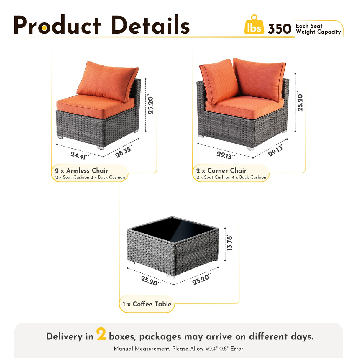 Weaxty 5 Pieces Patio Furniture Sets,Wicker Outdoor Sectional Sofa with Thicken Cushion and Rattan Coffee Table,Patio Conversation Couch Set for Porch, Balcony,Yard, Poolside,Orange Red weaxty W