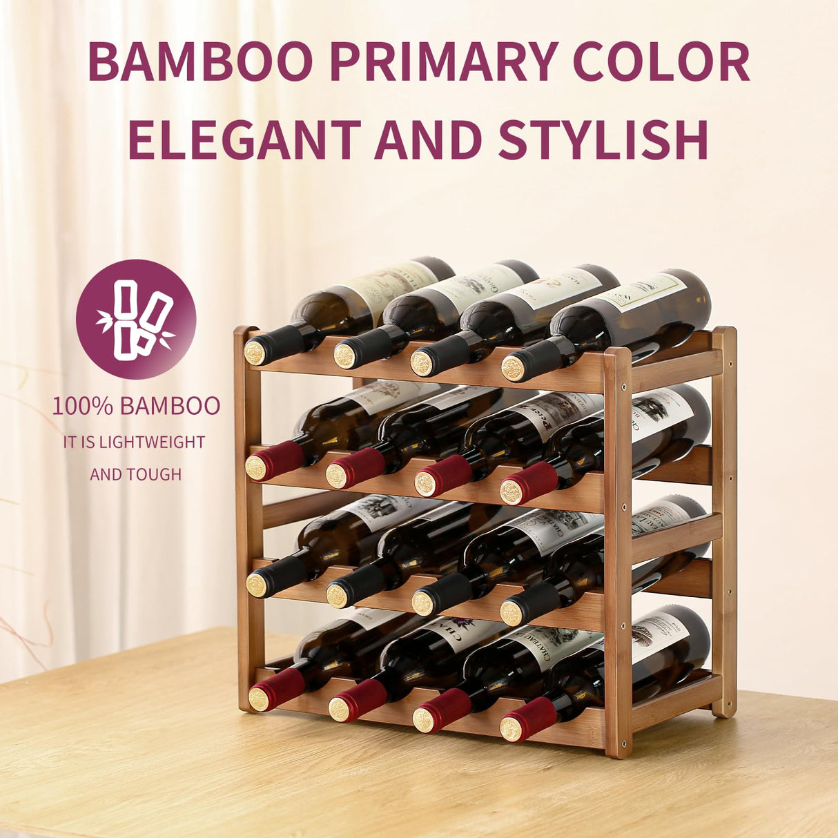 WUTALOTAT Wine Rack Storage,Bamboo Wine Racks Cabinet Shelf,4-Tier 16 Bottles Freestanding Wine Bottle Holder for Basement,Kitchen,Countertop WUTALOTAT