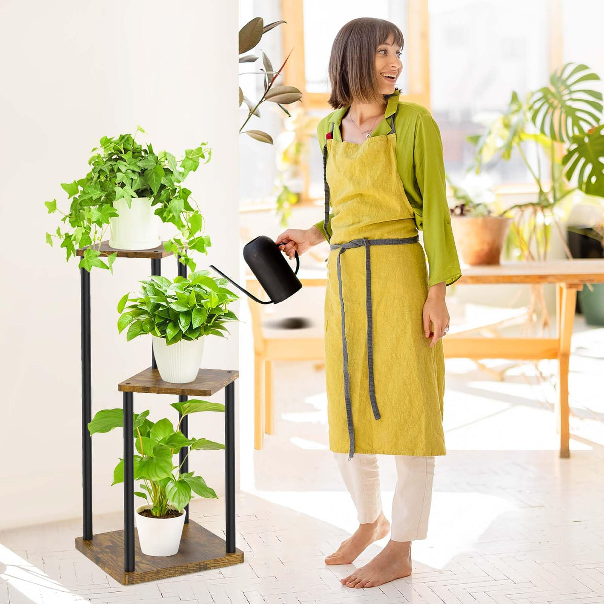 Oppro 3 Tier Plant Stands Indoor, Metal Wood Tiered Corner Plant Stand Pot Holder, Wood Flower Shelf Display Rack for Living Room Bedroom Outdoor Balcony Garden Patio, Black Oppro