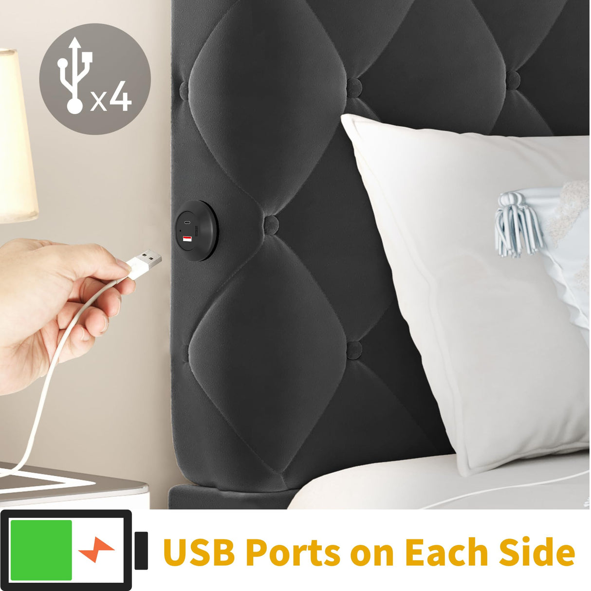 DWVO King Bed Frame with 53" Tall & 2 Charging Station, Velvet Upholstered Platform Bed with Button Tufted Headboard,No Box Spring Needed,Noise-Free (Black, Queen) DWVO