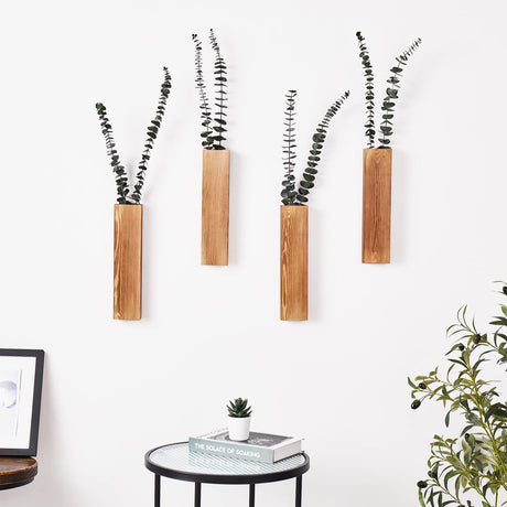 Mokof Wall Planters, Wood Wall Decor for Bedroom and Living Room, Modern Farmhouse Wooden Pocket Vases for Dried Flowers and Faux Greenery (Brown, 4 Mokof