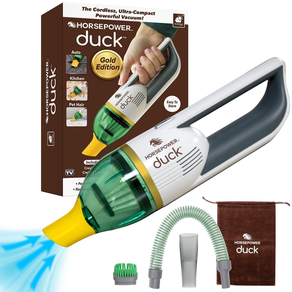 Duck Compact Cordless Vacuum by Horsepower, Gold Edition, Ultra-Powerful Upgraded Battery for Extra-Long Run Time, AS-SEEN-ON-TV, Strong Suction, Easy to Store, Portable & Rechargeable. Home & Auto Horsepower