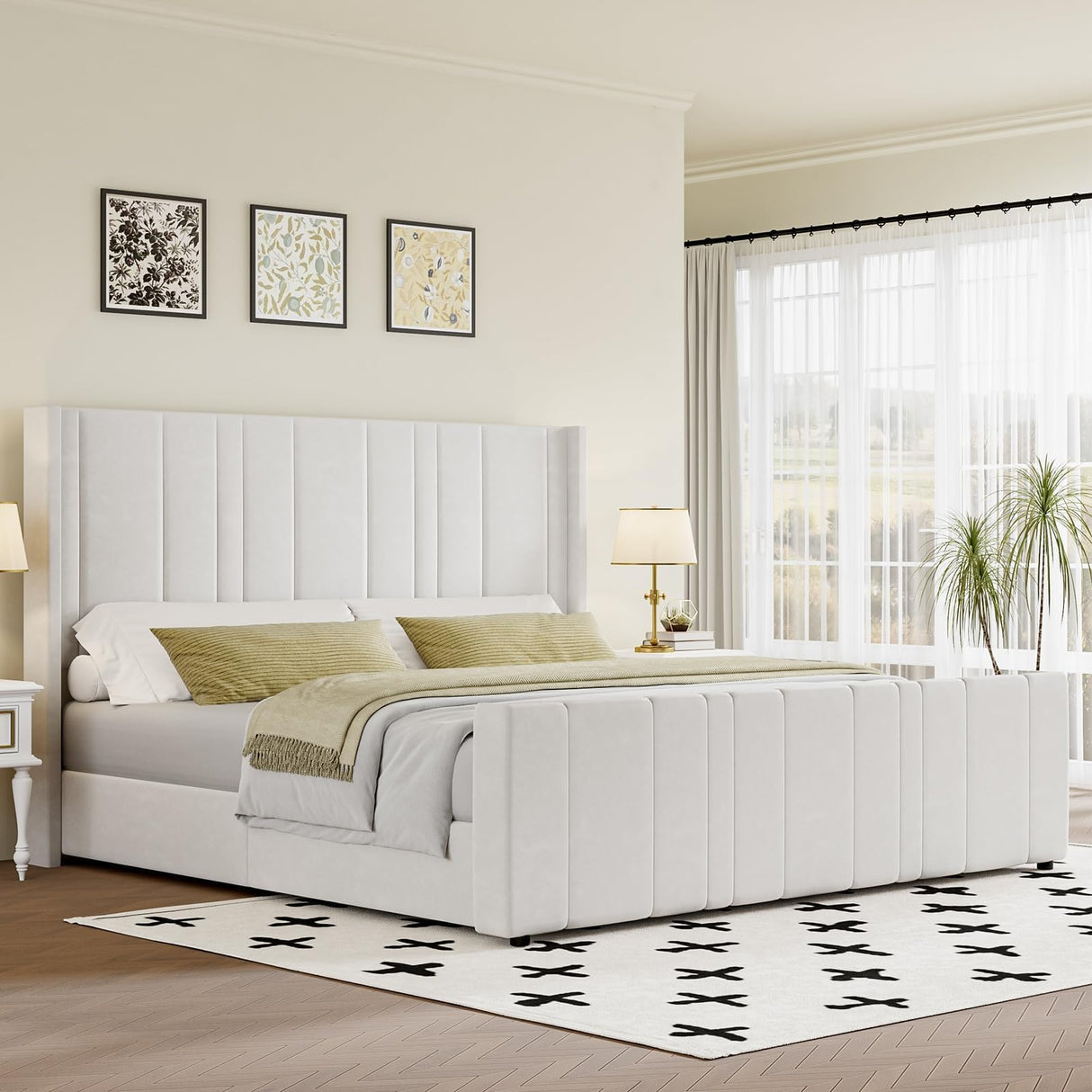 HOMBCK King Size Bed Frame, Soft Velvet Upholstered Bed Frame with Vertical Channel Tufted Wingback Headboard & Footboard, Soft Bed Frame King, Noise Free, Easy Assembly, White HOMBCK