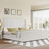 HOMBCK King Size Bed Frame, Soft Velvet Upholstered Bed Frame with Vertical Channel Tufted Wingback Headboard & Footboard, Soft Bed Frame King, Noise Free, Easy Assembly, White HOMBCK