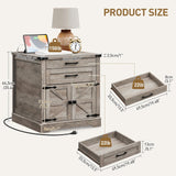 RALGEND Farmhouse End Table with Charging Station, 24'' Sofa Side Table with 2 Drawers and Barn Door, Large Rustic Wooden Square Nightstand for Bedroom, Living Room, Greige RALGEND