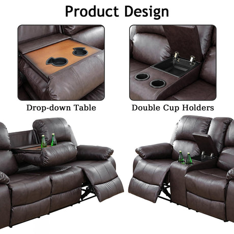 Caberryne 2 Pieces Leather Recliner Sofa Sets，Recliner Sofa and Loveseat Light Brown for Living Room Furniture Set,Wall Hugger Recliners for House/Office/Rv(Recliner Loveseat&Couch 2 Piece) Caberryne