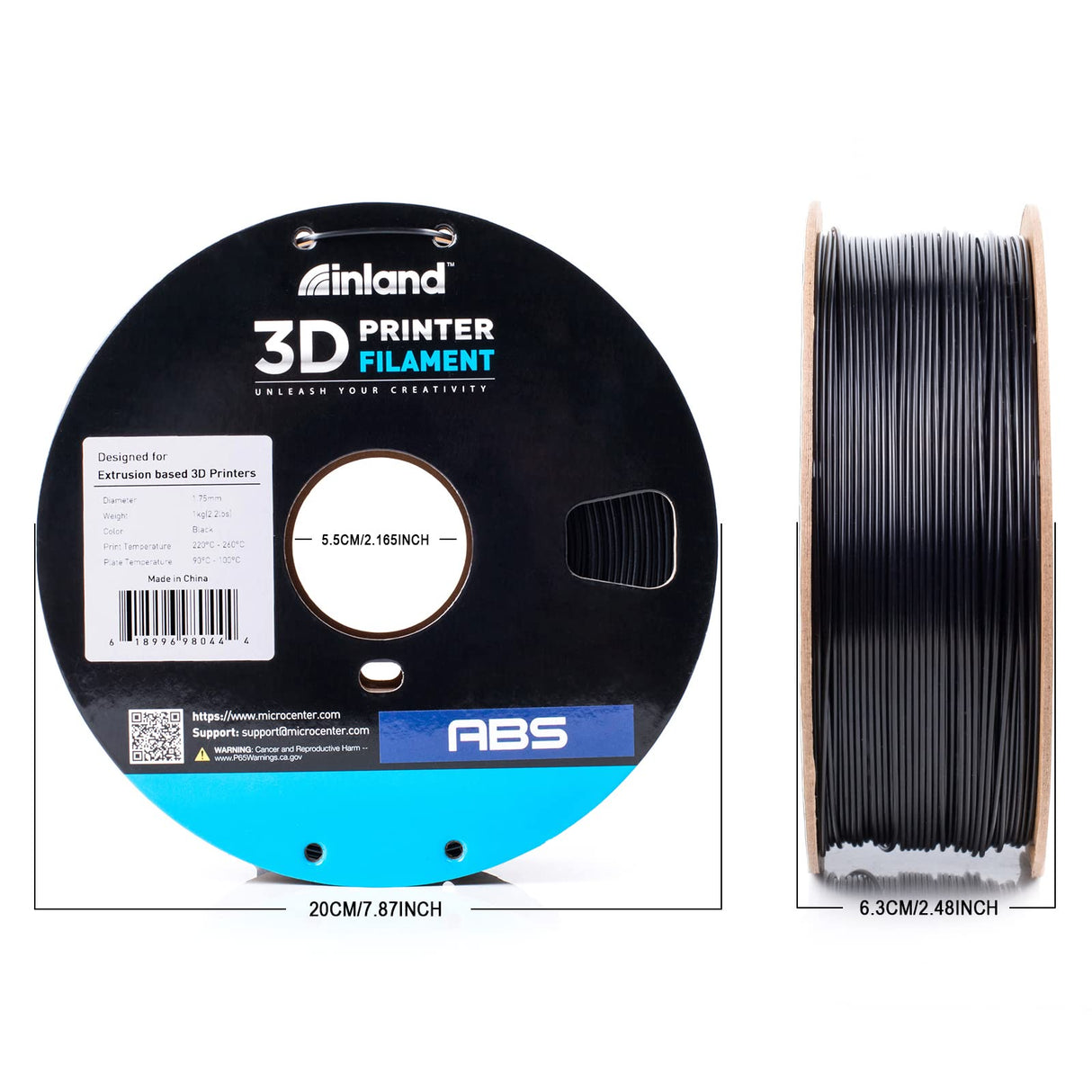 INLAND ABS Filament 1.75mm, ABS 3D Printing Filament, Dimensional Accuracy +/- 0.03 mm - 1kg Cardboard Spool (2.2 lbs) - Heat Resistant Black ABS Filament INLAND