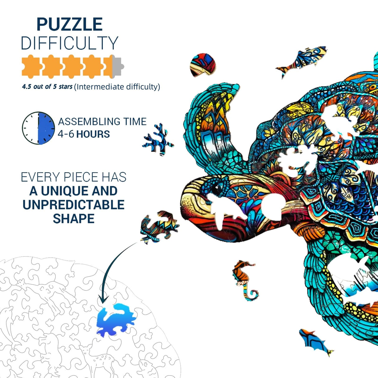 Jigfoxy Wooden Puzzles for Adults, Sea Turtle Wooden Jigsaw Puzzles for Adults Kids, Unique Animal Shape Wood Cut Puzzles, Christmas Thanksgiving Gifts for Friend Turtle Lover (L-14.9*12.6in-301pcs) Jigfoxy