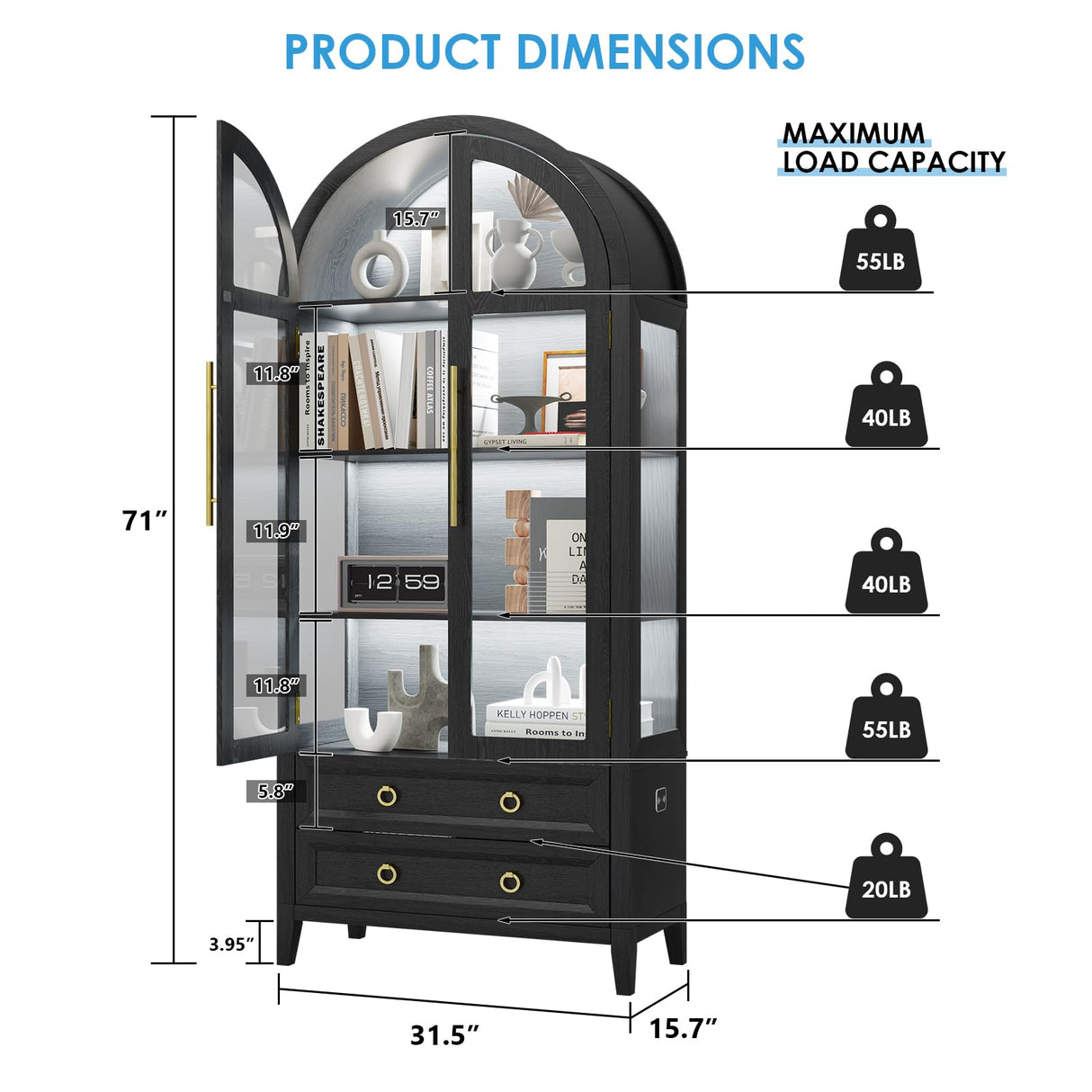 EOAWE Arched Curio Cabinet with Glass Doors, 4-Tier Display Cabinet with 2 Drawers, Tall Bookcase with 3 Color Lights, Display Case, Kitchen Pantry (Black) EOAWE