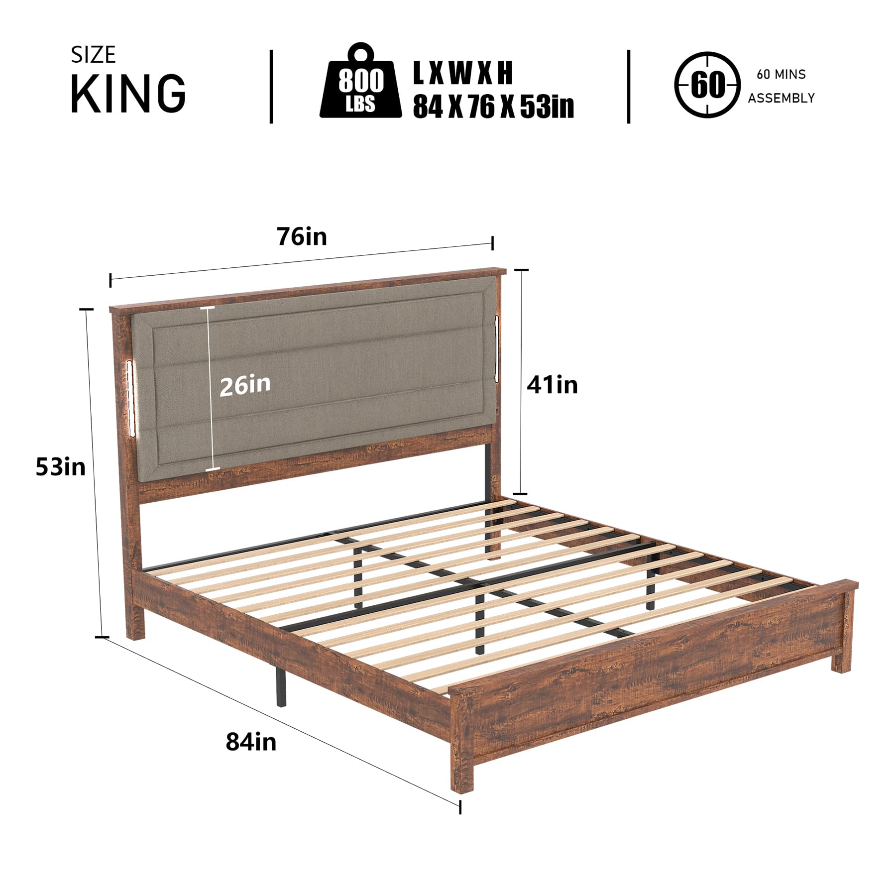 Dolonm King Size Bed Frame with Upholstered Headboard, LED Lights and Charging Station in Brown Grey - WoodArtSupply