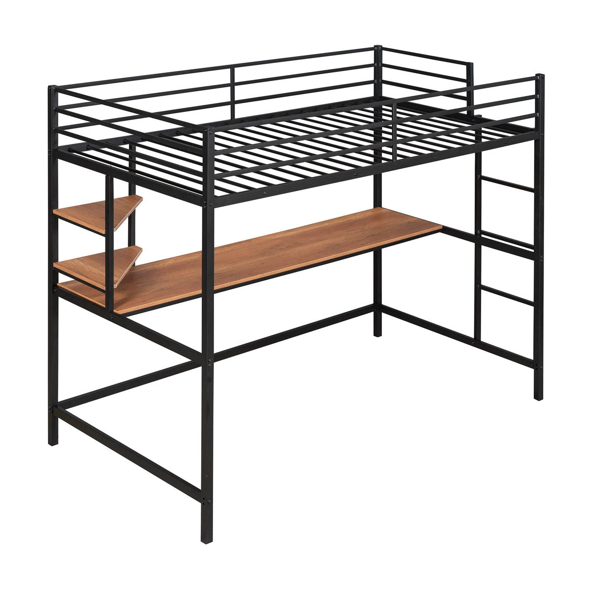 Metal Twin Size Loft Bed with Desk and Storage Shelves,Heavy Duty Loft Bed Frame with Safety Guardrail for Kids Boys Girls,Space Saving Twin,Black Bellemave