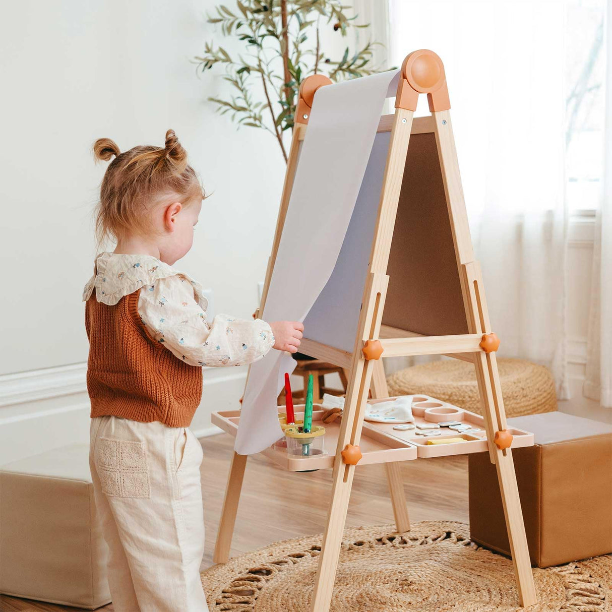 Tiny Land Easel for Kids, Double-Sided Magnetic Easel, Adjustable Wooden Kids Art Easel with Paper Roll, Learning-Toy for 3,4,5,6,7,8 Years Old Boy & Girls Tiny Land