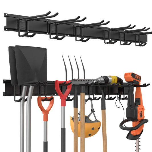 Garage Tool Storage Rack, 48 Inch Garage Organizer Wall Mounted Storage System with 6 Double Layer Hooks, Super Heavy Duty Garden Tool Hanger for Ski Gears, Chair, Rake Shovel Yard Tools